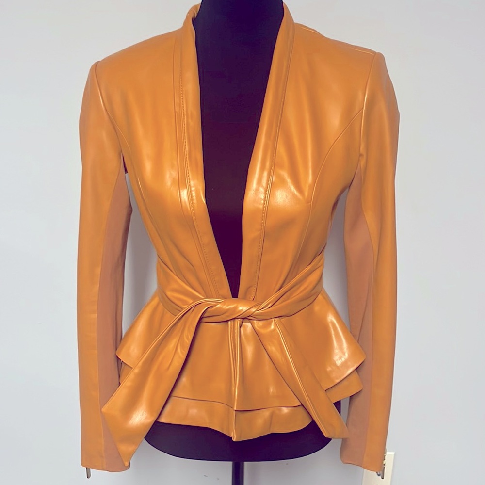 COPY - G.I.L.I. Tie front mustard/tan faux leather jacket. Size 2